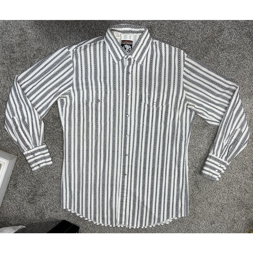 VINTAGE Karman Shirt Mens Size Medium Black & White Pearl Snap Western Cowboy